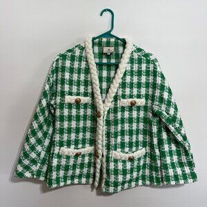 Tuckernuck Green and White Tweed Braided-Trim Blazer